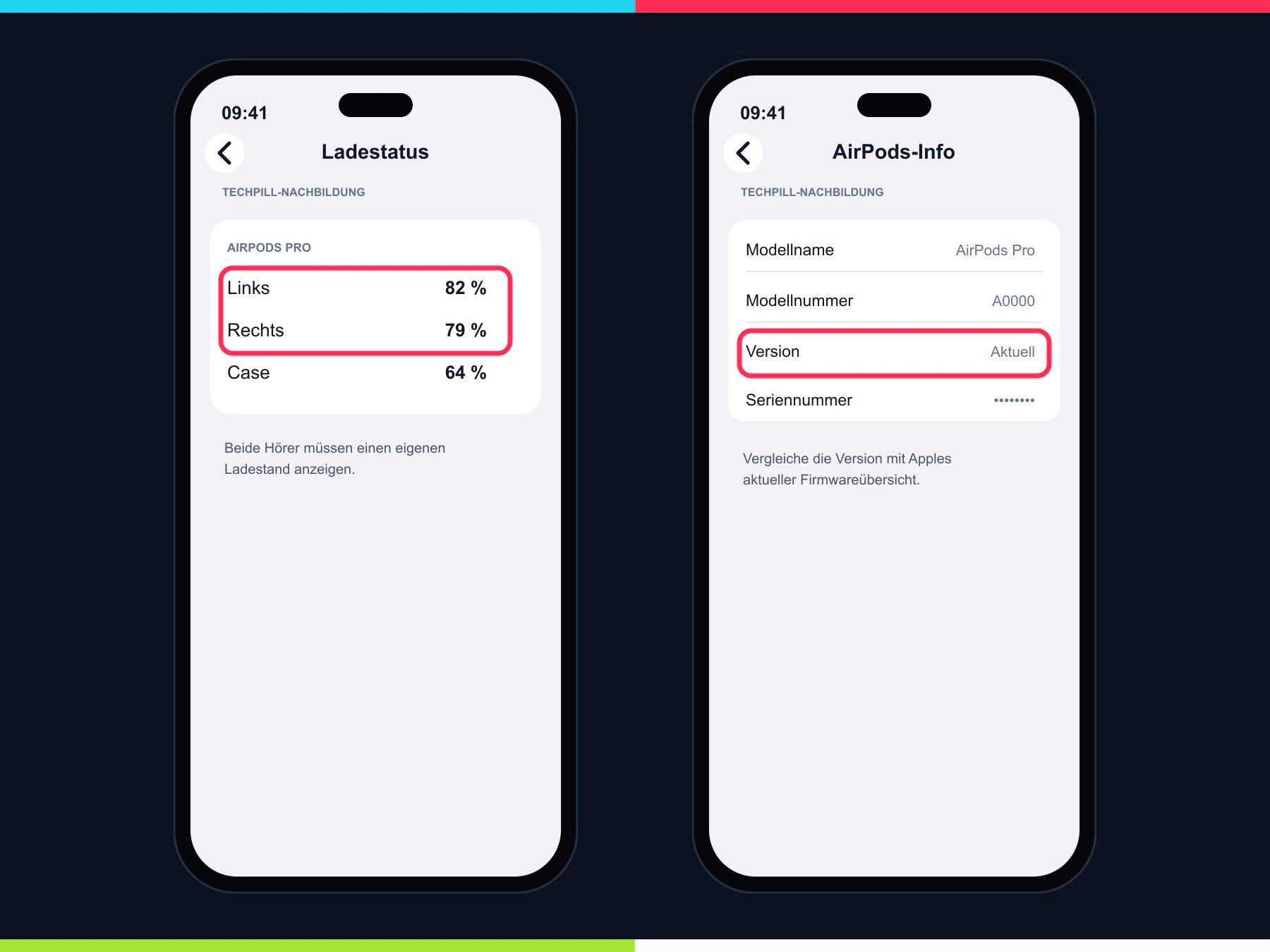 Nachgebildete Ansichten für Ladestand beider AirPods und AirPods-Firmwareversion