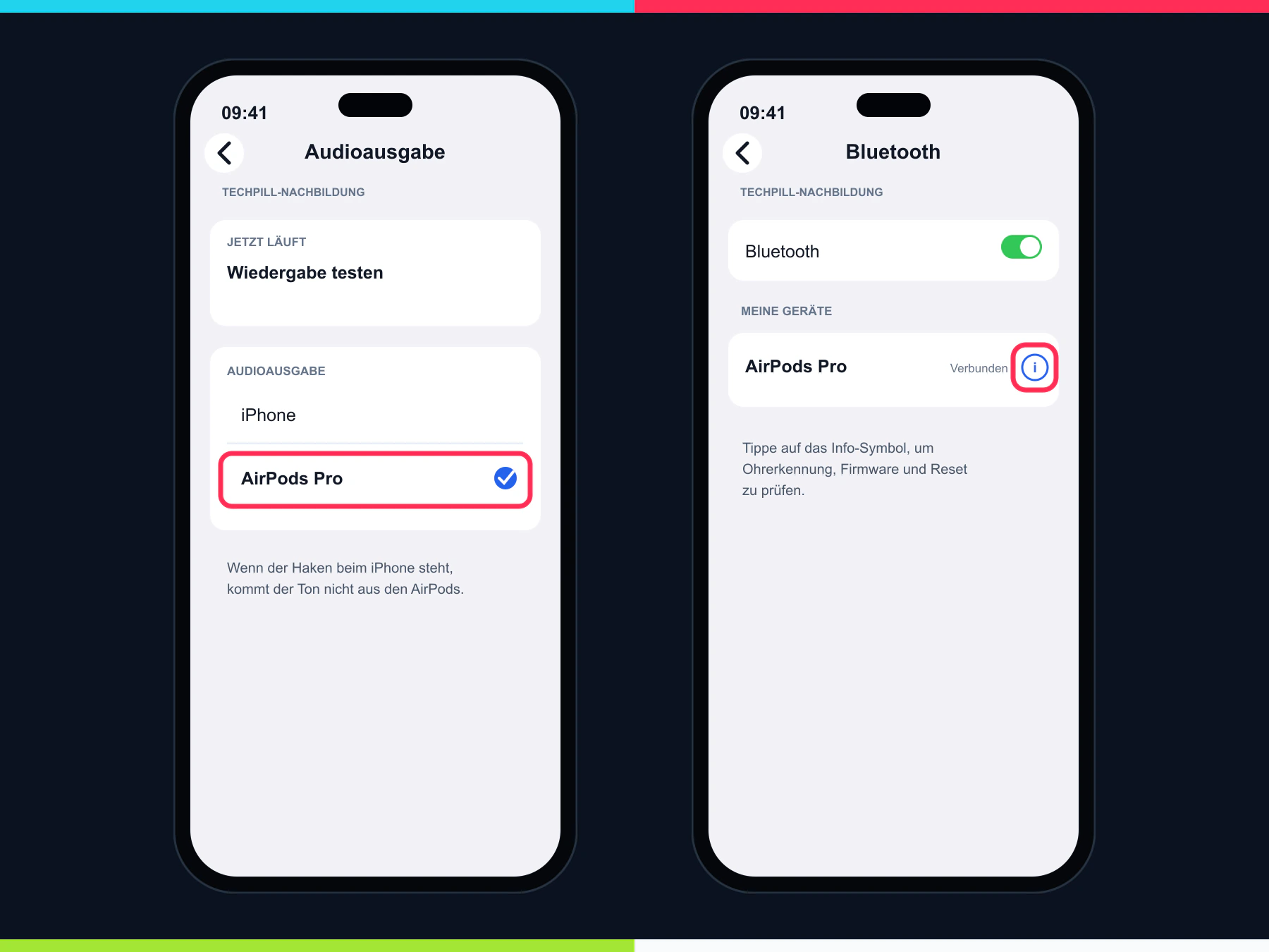 Nachgebildete iPhone-Ansichten mit AirPods als Audioausgabe und markiertem Info-Symbol in den Bluetooth-Einstellungen