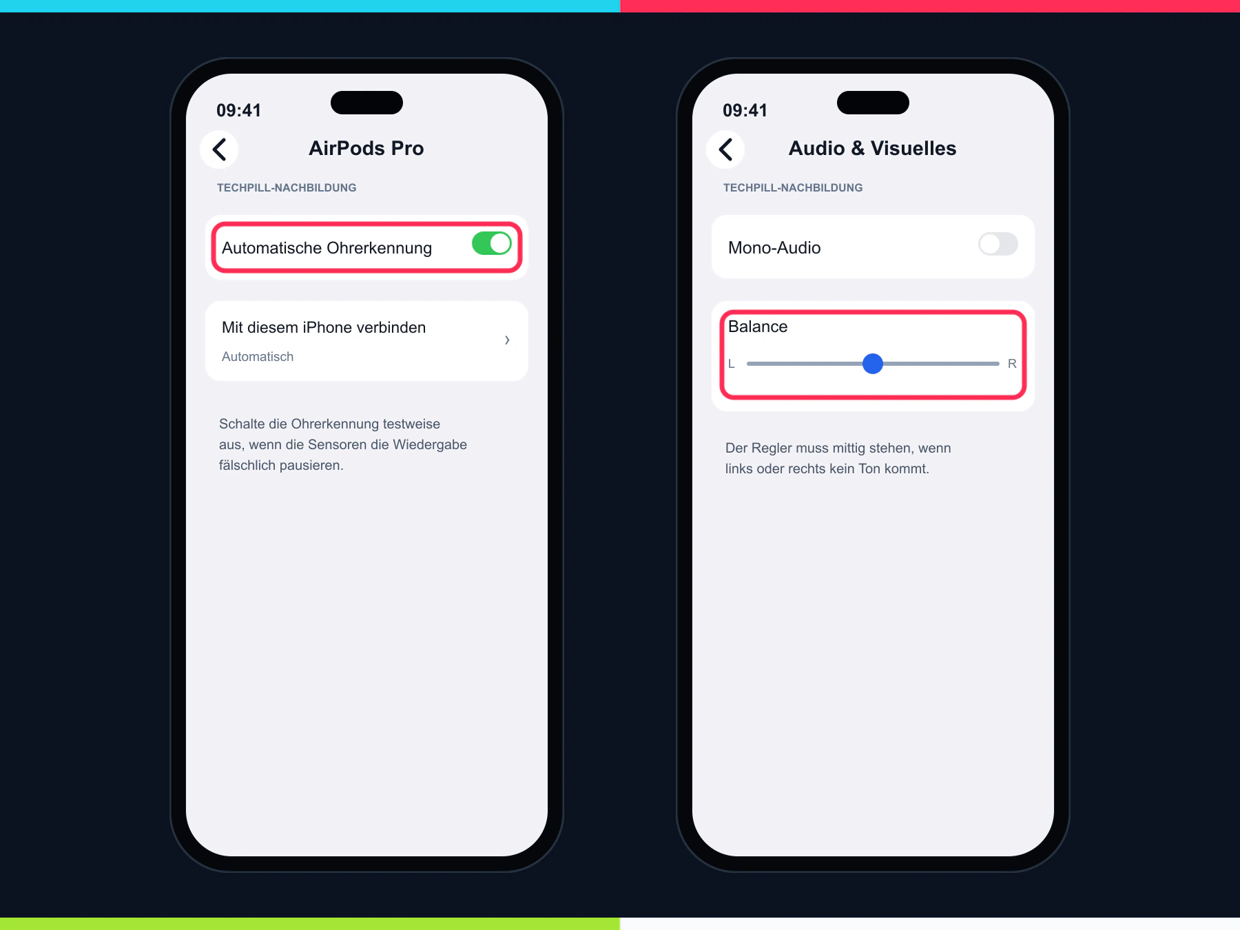 Nachgebildete iPhone-Menüs mit markierter automatischer Ohrerkennung und mittiger Audio-Balance