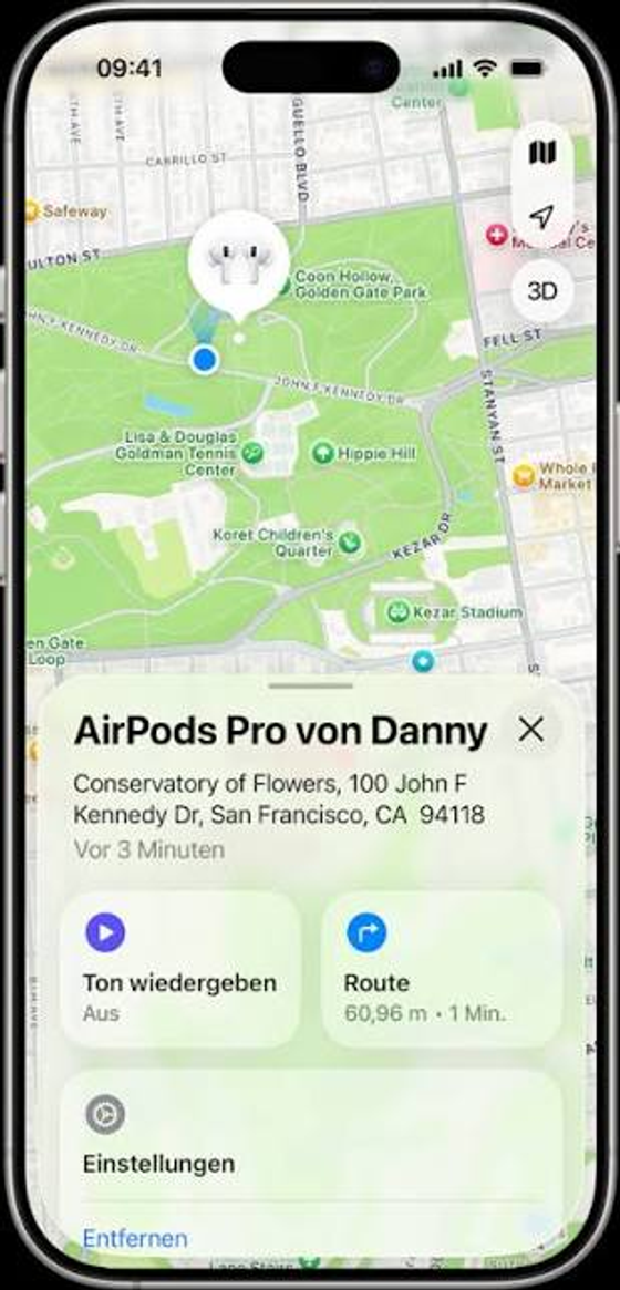 Wo ist App auf dem iPhone mit AirPods Pro, Karte und der Aktion Ton wiedergeben