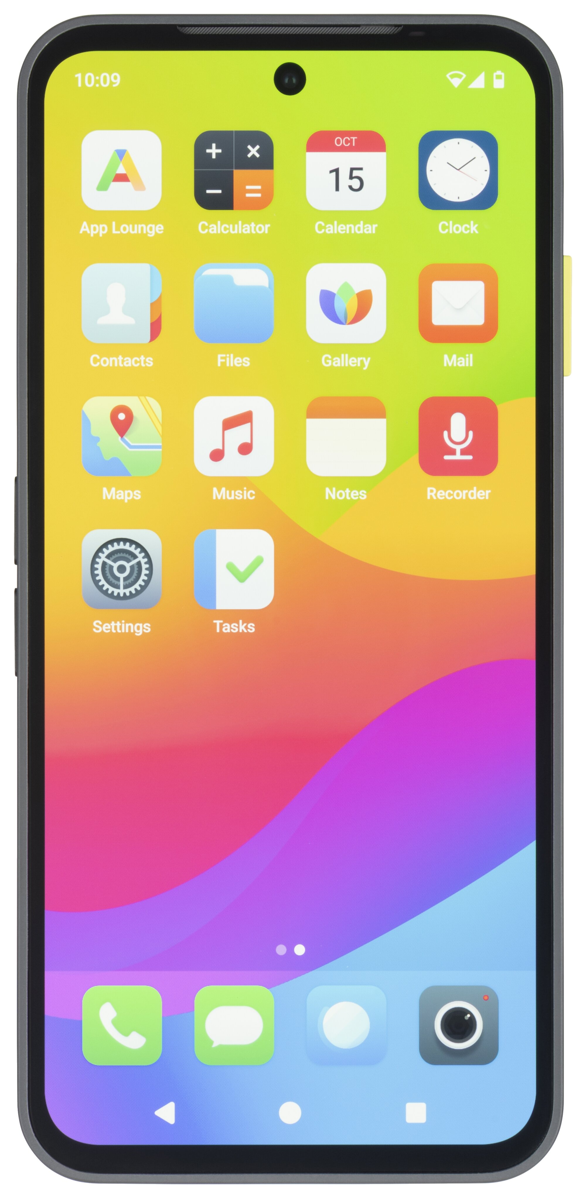 Smartphone mit dem App-Launcher von e OS und geöffneter App Lounge auf dem Startbildschirm