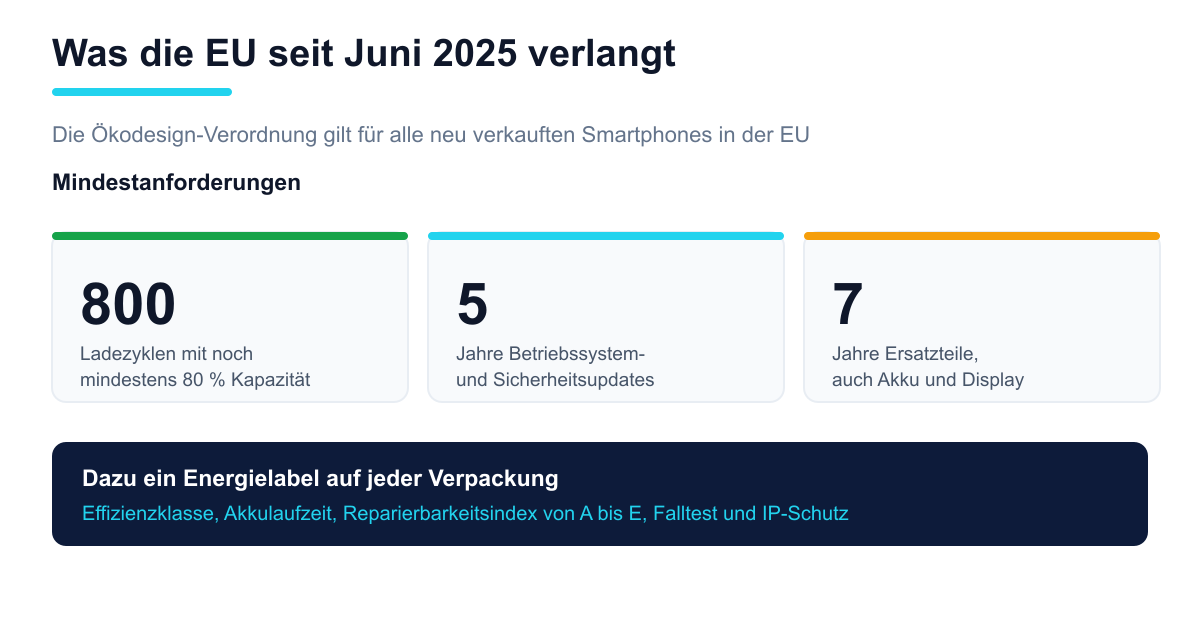Drei Kennzahlen der EU-Ökodesign-Verordnung: 800 Ladezyklen, fünf Jahre Updates, sieben Jahre Ersatzteile