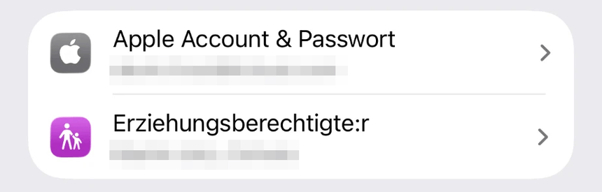 Eintrag Apple Account und Passwort im Familienbereich der iOS-Einstellungen, darunter der Eintrag Erziehungsberechtigte
