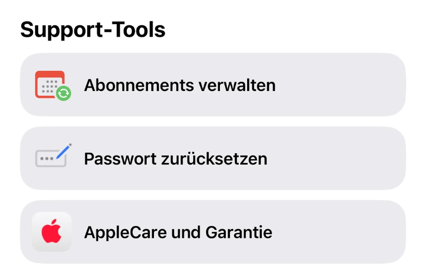 Abschnitt Support-Tools in der App Apple Support mit den Einträgen Abonnements verwalten, Passwort zurücksetzen und AppleCare und Garantie