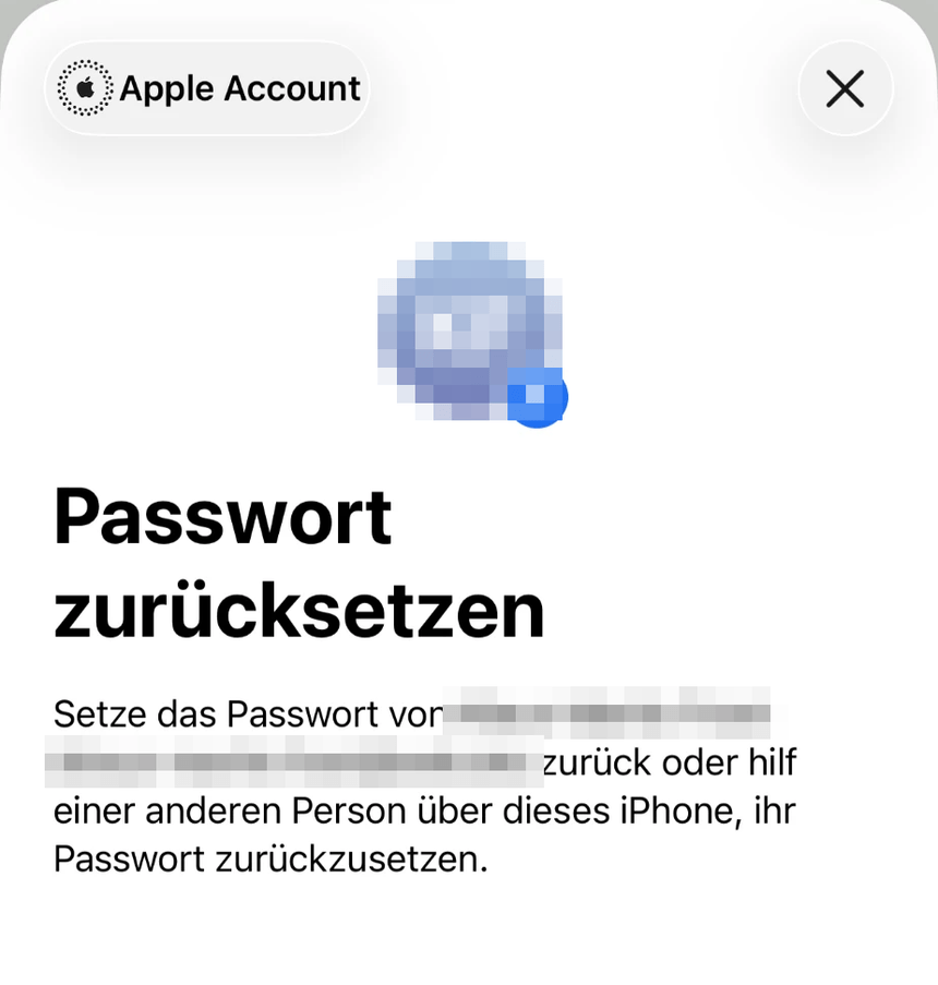 Blatt Passwort zurücksetzen in der Apple-Support-App mit dem Hinweis, dass man auch einer anderen Person über dieses iPhone helfen kann