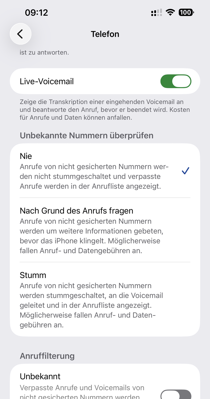 Einstellungen der Telefon-App: Abschnitt „Unbekannte Nummern überprüfen“ mit den Optionen Nie, Nach Grund des Anrufs fragen und Stumm