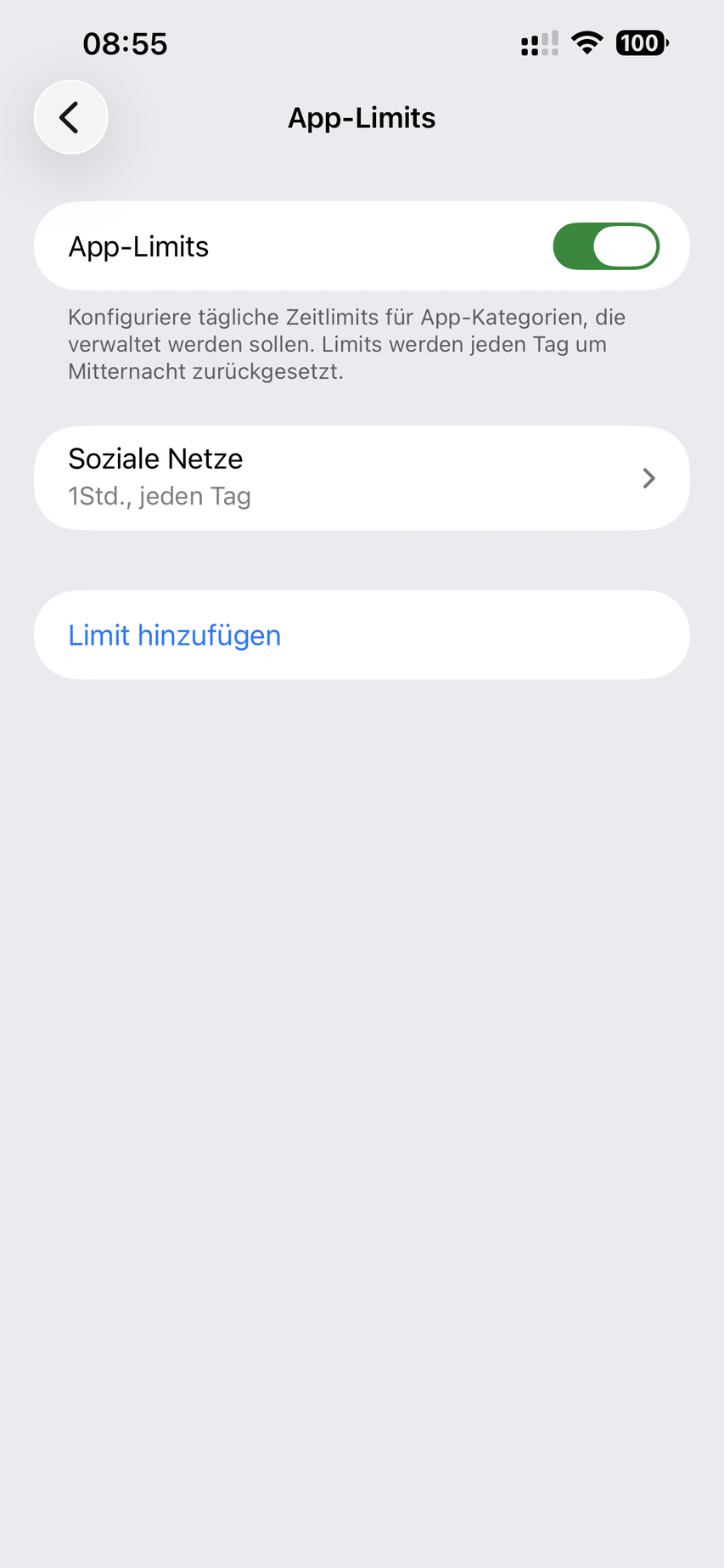iPhone-Einstellungen App-Limits mit einem Limit von einer Stunde für Soziale Netze und der Option Limit hinzufügen
