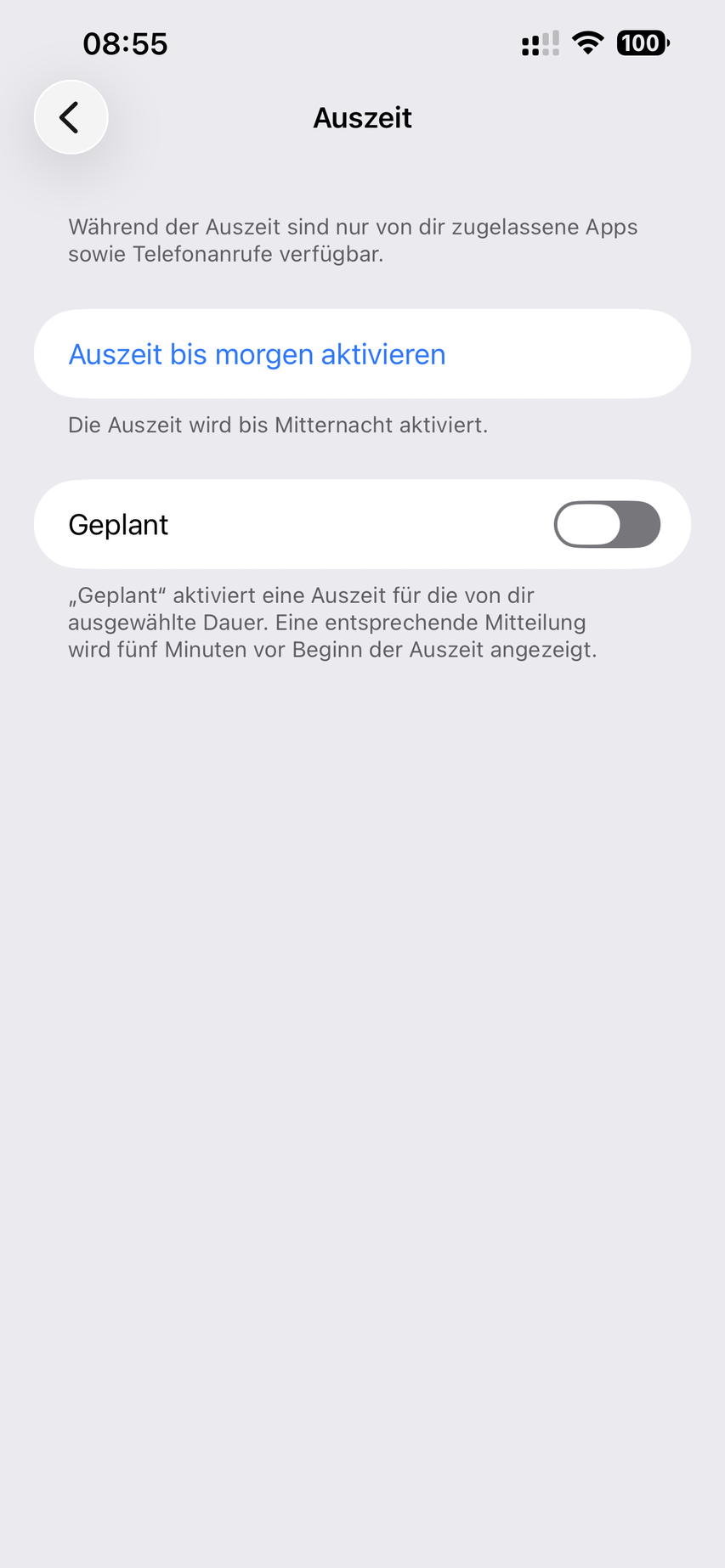iPhone-Einstellungen Auszeit mit Option Auszeit bis morgen aktivieren und geplantem Zeitplan