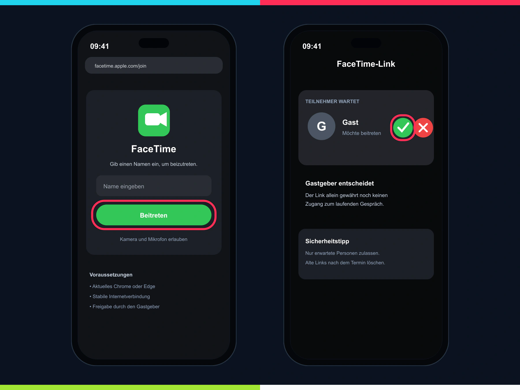 Nachgebildete Browseransicht zum FaceTime-Beitritt und Gastgeberfreigabe
