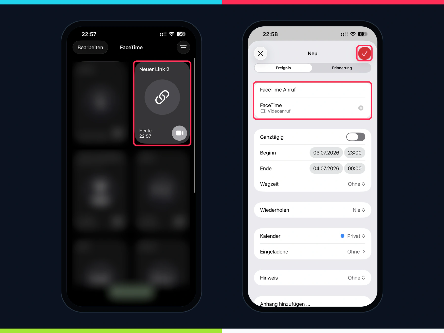 Gespeicherter FaceTime-Link in der FaceTime-App und FaceTime-Videoanruf im iPhone-Kalender