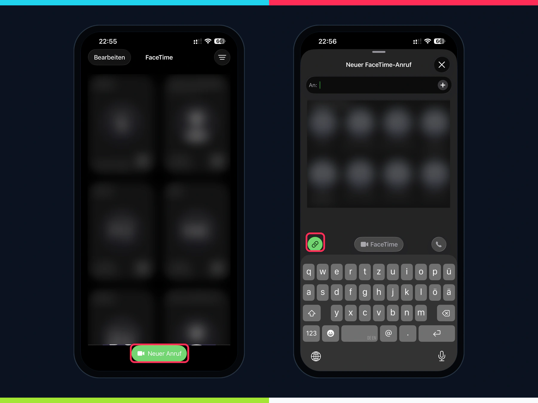 Aktuelle iPhone-FaceTime-App mit markiertem Neuer-Anruf-Button und Link-Symbol