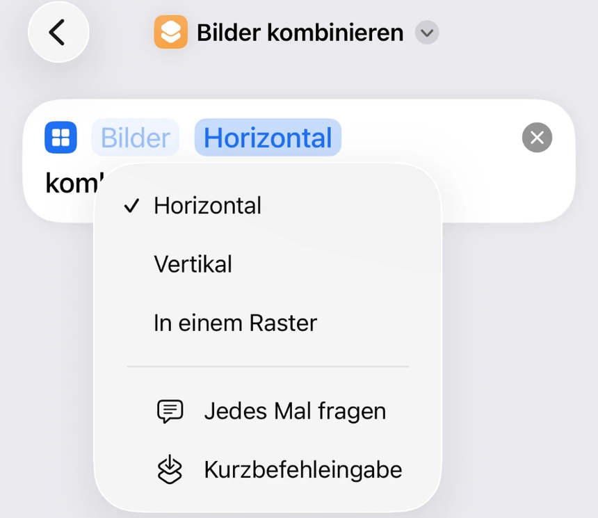 Aktion Bilder kombinieren mit der aufgeklappten Auswahl Horizontal, Vertikal, In einem Raster sowie Jedes Mal fragen