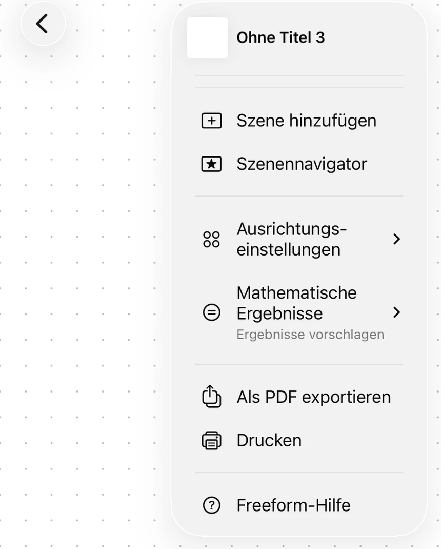 Menü einer Freeform-Tafel mit den Einträgen Szene hinzufügen, Ausrichtungseinstellungen, Als PDF exportieren und Drucken