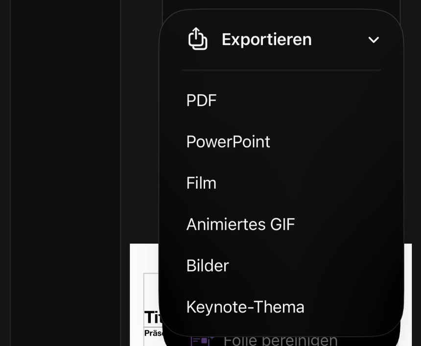 Exportmenü in Keynote auf dem iPhone mit den Formaten PDF, PowerPoint, Film, Animiertes GIF, Bilder und Keynote-Thema