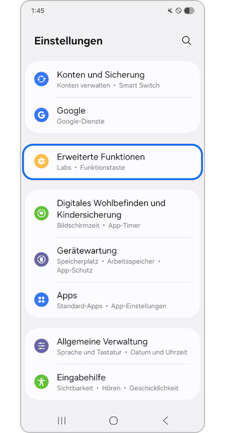 Samsung-Einstellungen mit markiertem Eintrag Erweiterte Funktionen, Untertitel Labs und Funktionstaste