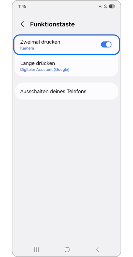 Samsung-Einstellung Funktionstaste mit den Einträgen Zweimal drücken für Kamera, Lange drücken für Digitaler Assistent Google und Ausschalten deines Telefons