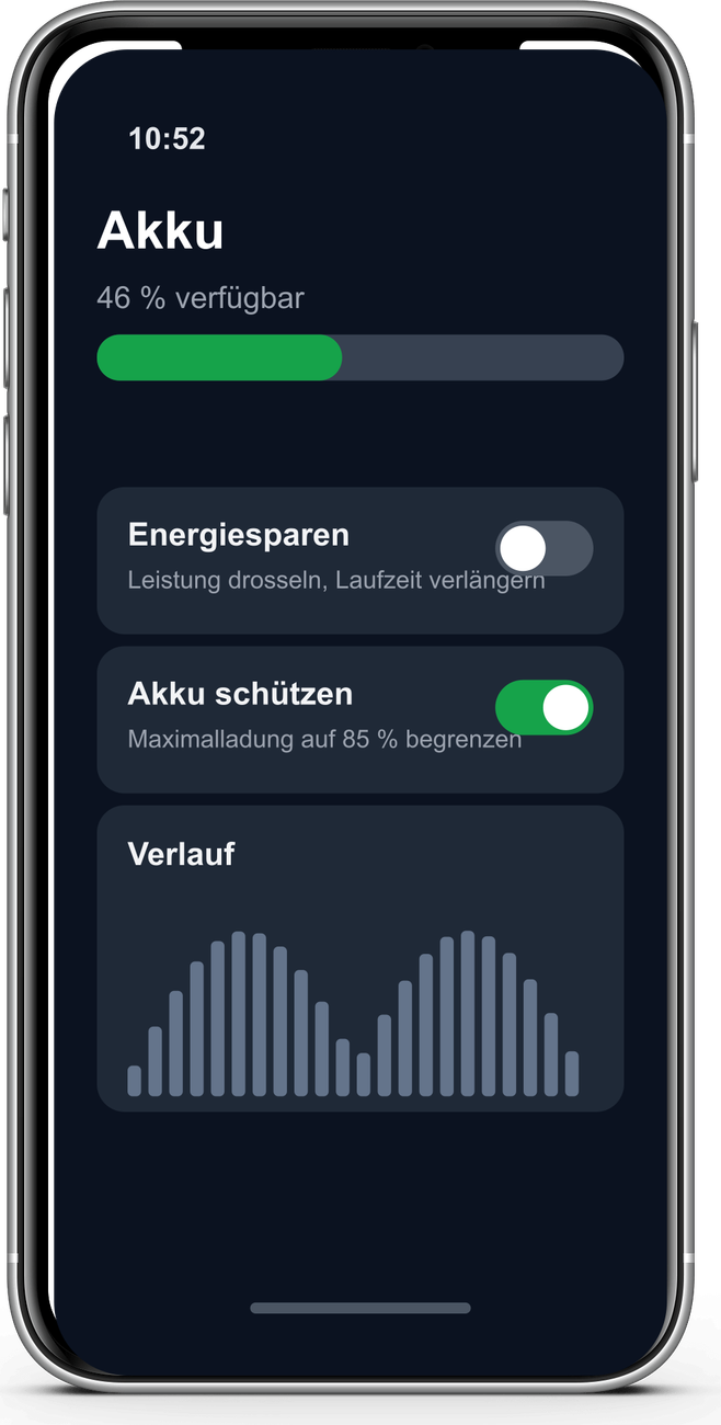 Android-Akkueinstellungen mit Ladestand, Energiesparmodus und der aktivierten Option zum Begrenzen der Maximalladung