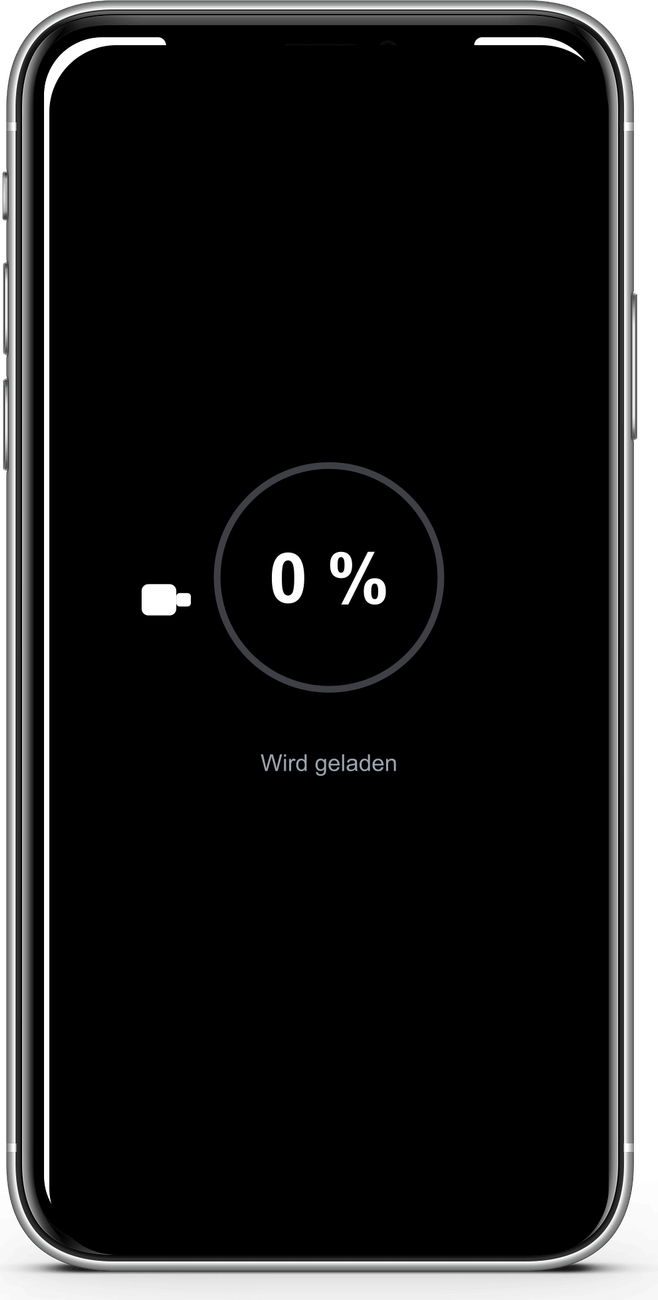 Android-Ladeschirm eines tief entladenen Geräts: ein Ring mit 0 Prozent, daneben ein Kabelsymbol und der Hinweis, dass geladen wird