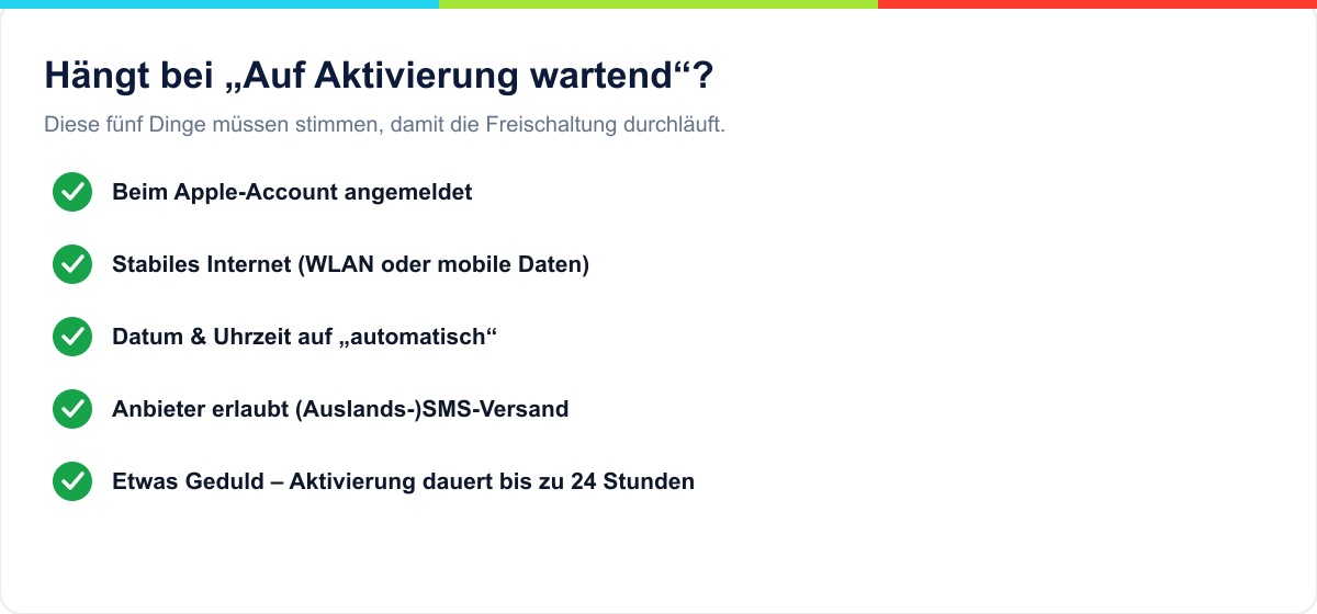 Checkliste: Voraussetzungen, damit die iMessage-Aktivierung durchläuft