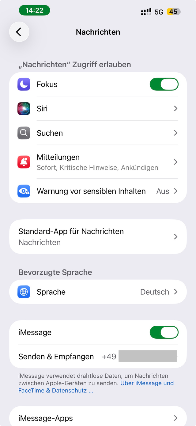 iMessage-Schalter unter Einstellungen › Apps › Nachrichten