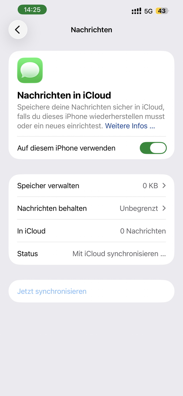 Nachrichten in iCloud – „Auf diesem iPhone verwenden“ aktiviert