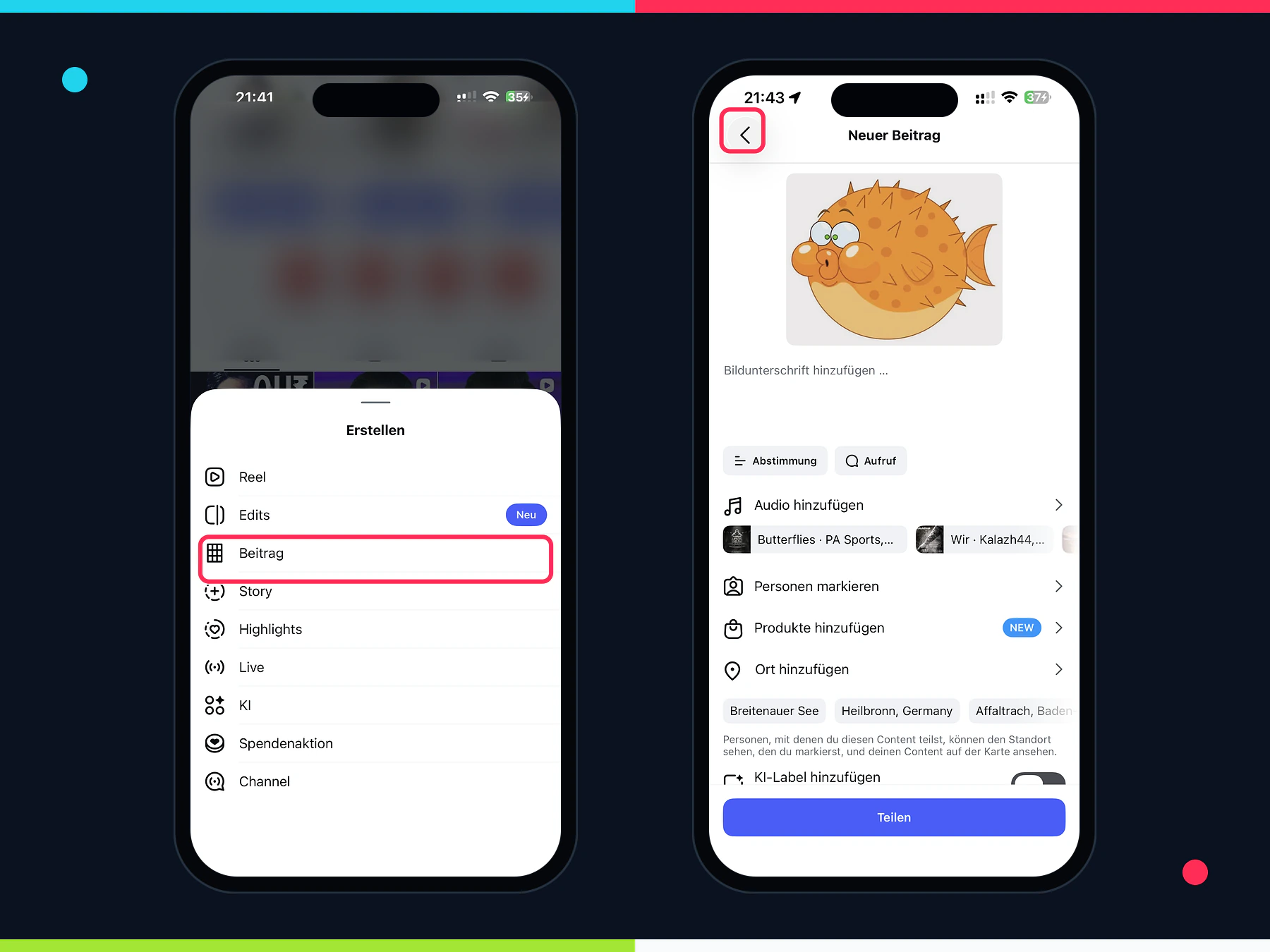 Instagram Erstellen-Menü mit markiertem Beitrag und Zurück-Pfeil beim neuen Feed-Beitrag