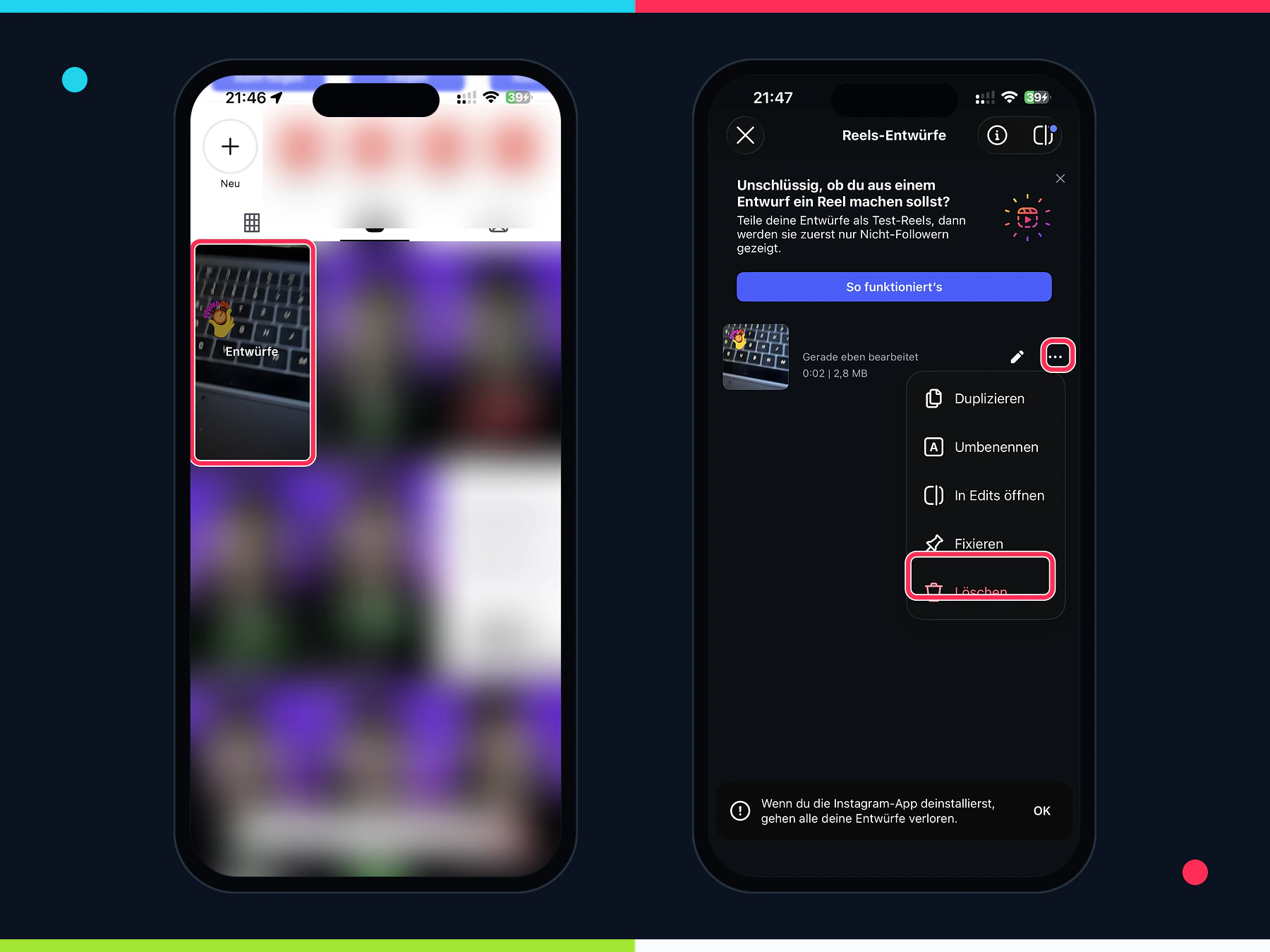 Instagram Reel-Entwurf über Drei-Punkte-Menü löschen