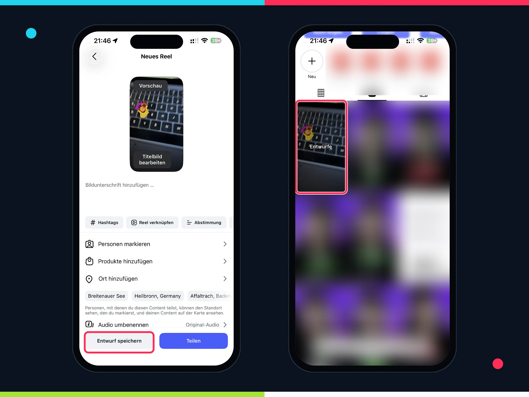 Instagram Reel mit Entwurf speichern und Entwürfe-Kachel im Reels-Tab