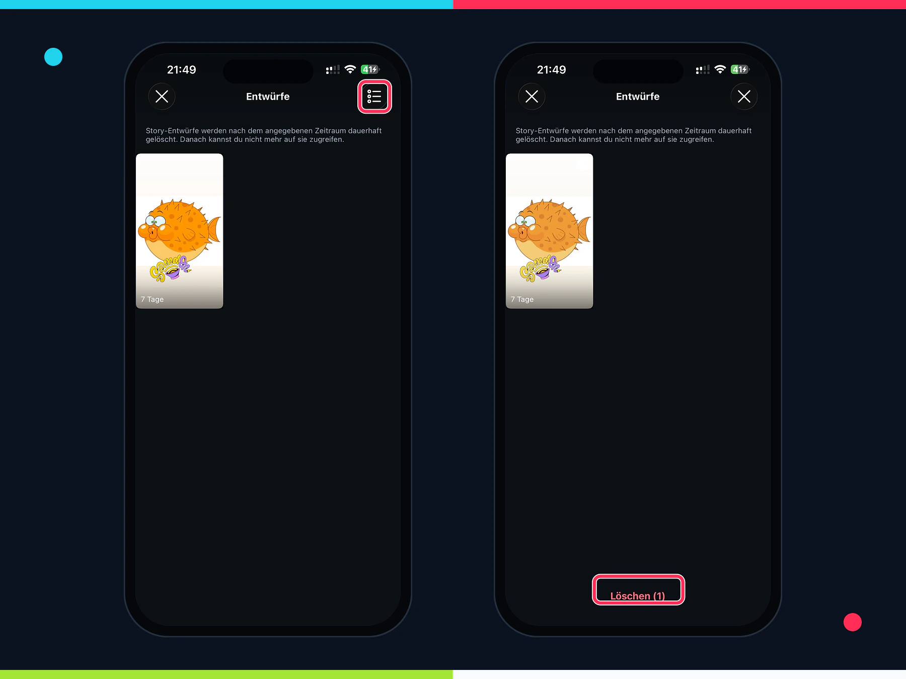 Instagram Story-Entwurf über Verwaltung auswählen und löschen