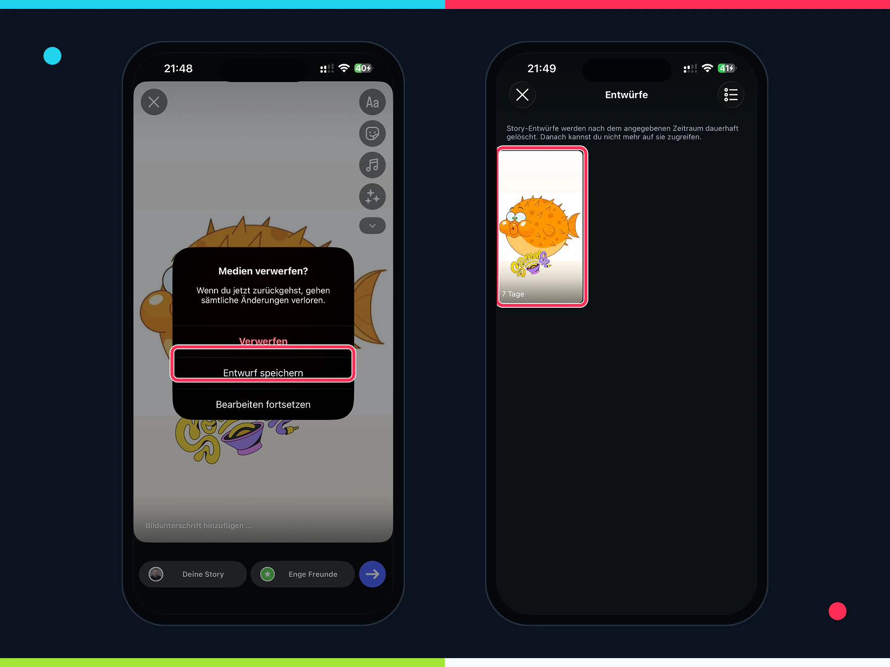 Instagram Story als Entwurf speichern und Story-Entwurf mit sieben Tagen Laufzeit finden