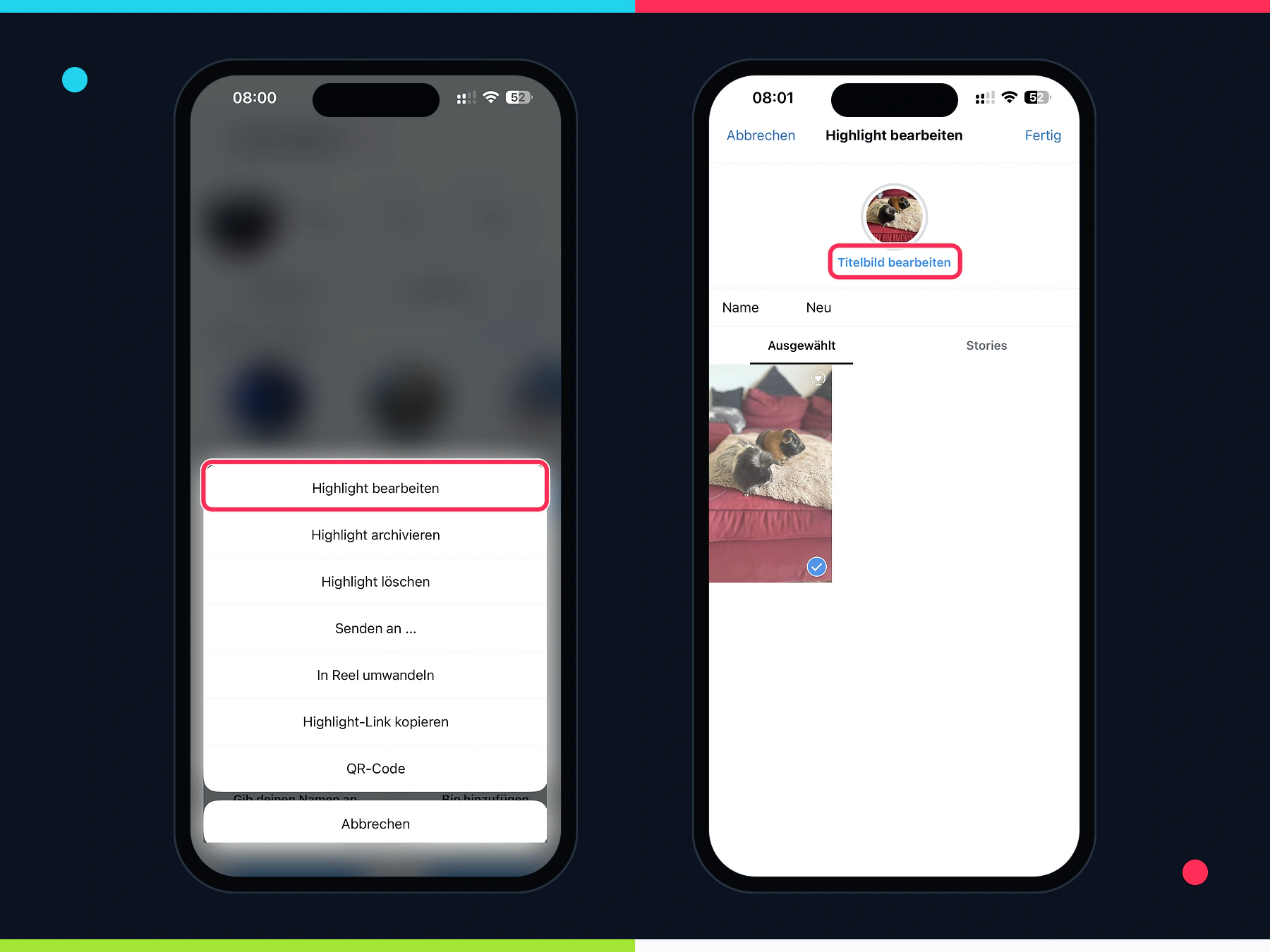 Instagram Highlight über das Profil bearbeiten und Titelbild ändern
