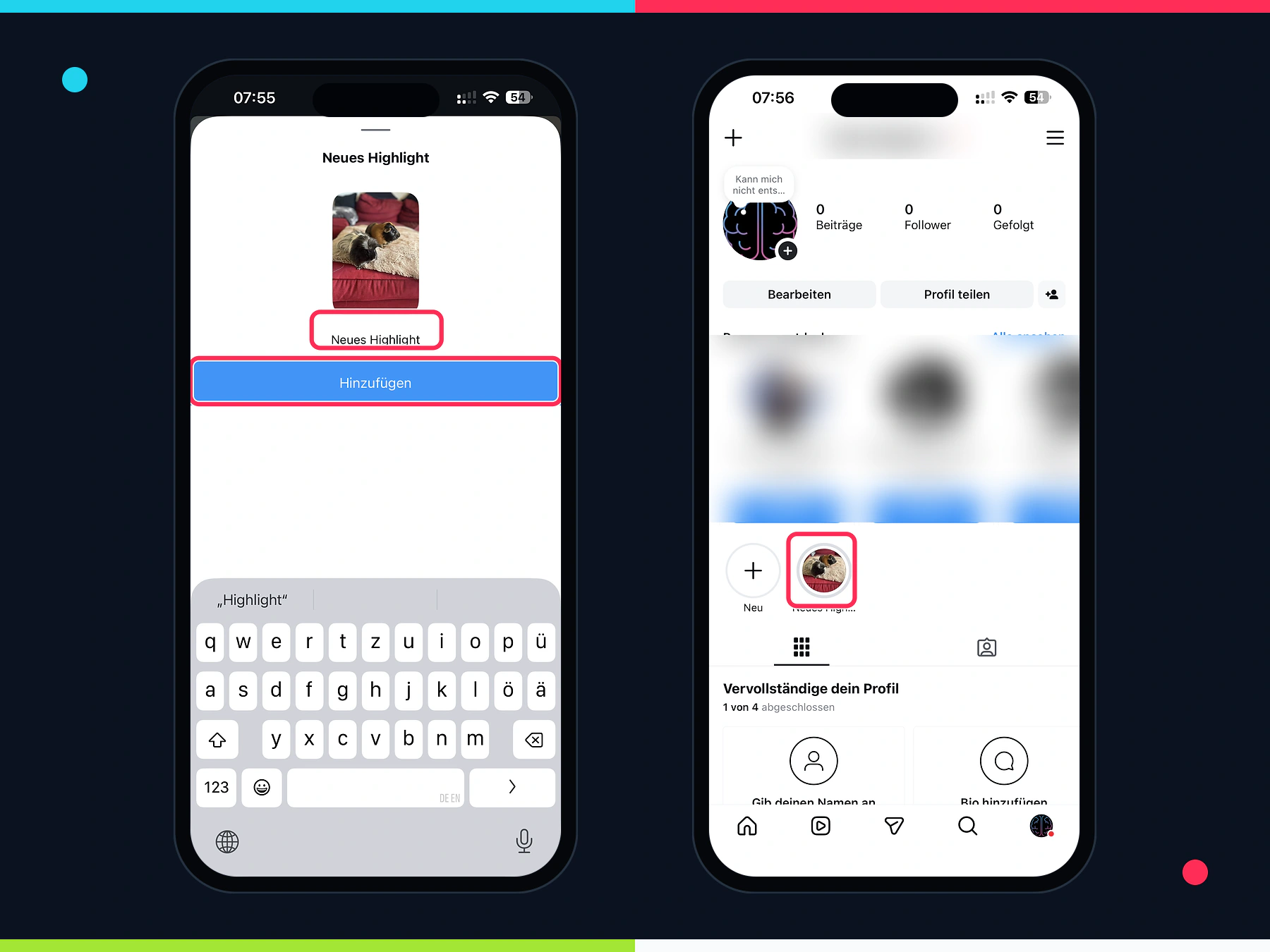 Neues Instagram Highlight benennen und auf dem Profil kontrollieren