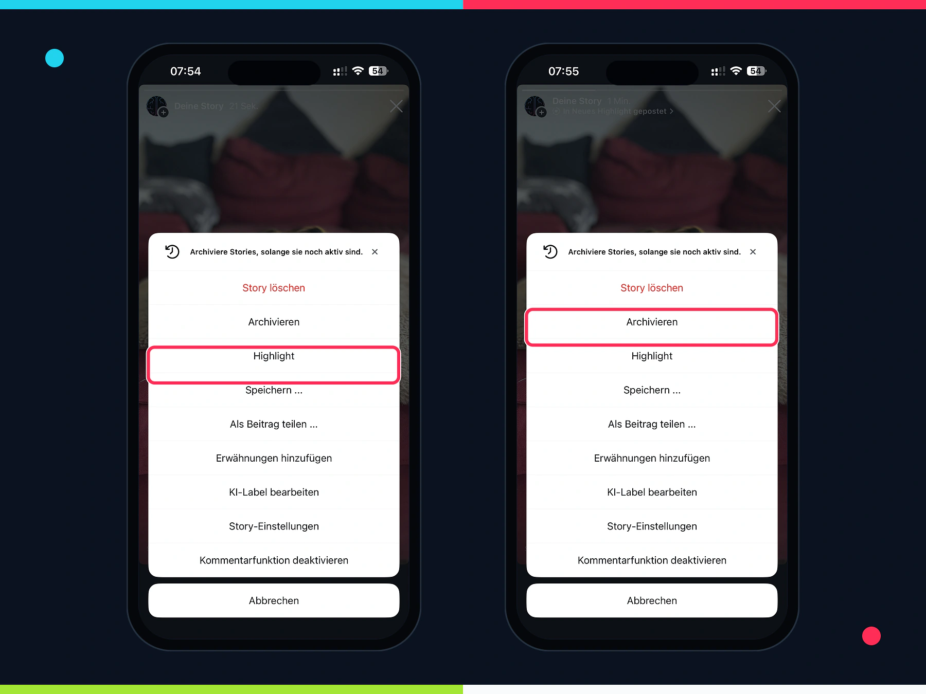 Aktive Instagram Story einem Highlight hinzufügen und anschließend sofort archivieren
