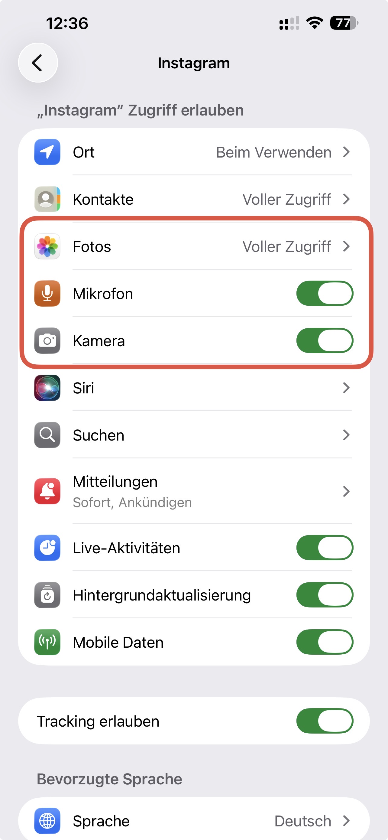 Instagram Berechtigungen Kamera Mikrofon Fotos für Reels erlauben