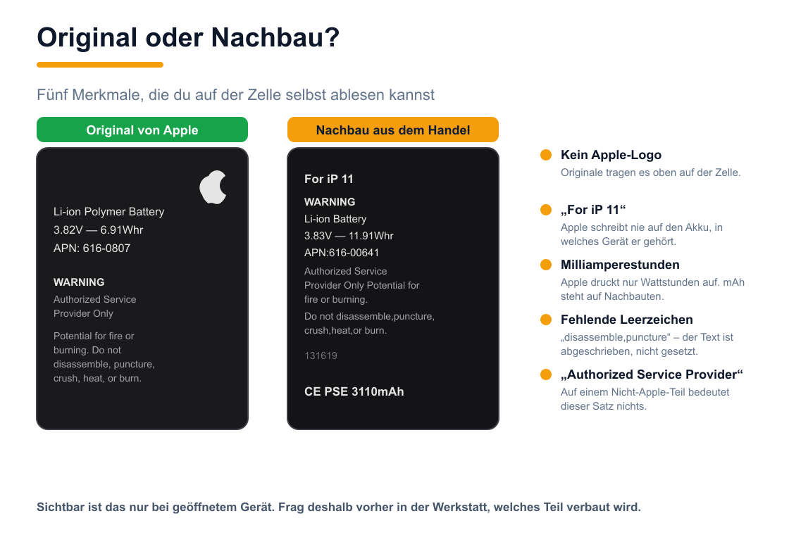 Gegenüberstellung der Beschriftung eines Original-Apple-Akkus und eines Nachbaus mit fünf Unterscheidungsmerkmalen