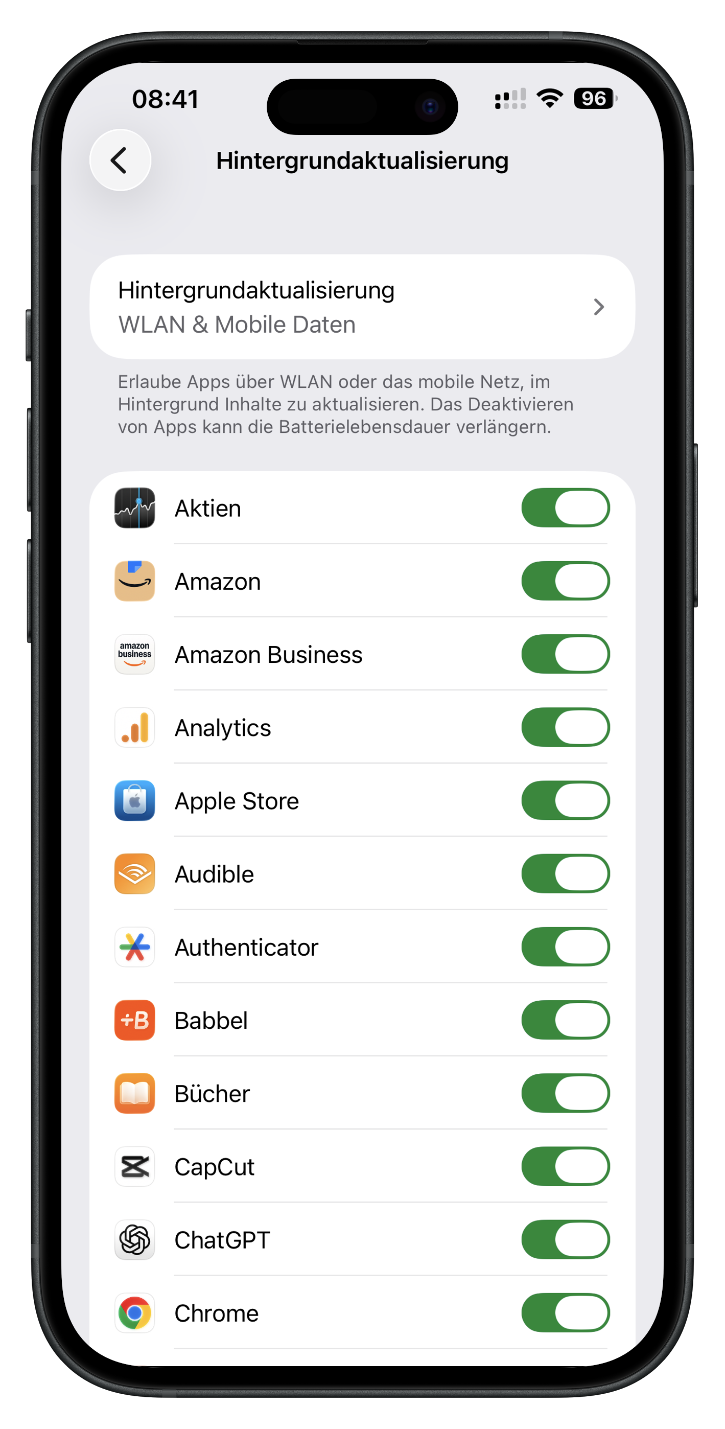 iPhone Hintergrundaktualisierung mit App-Liste