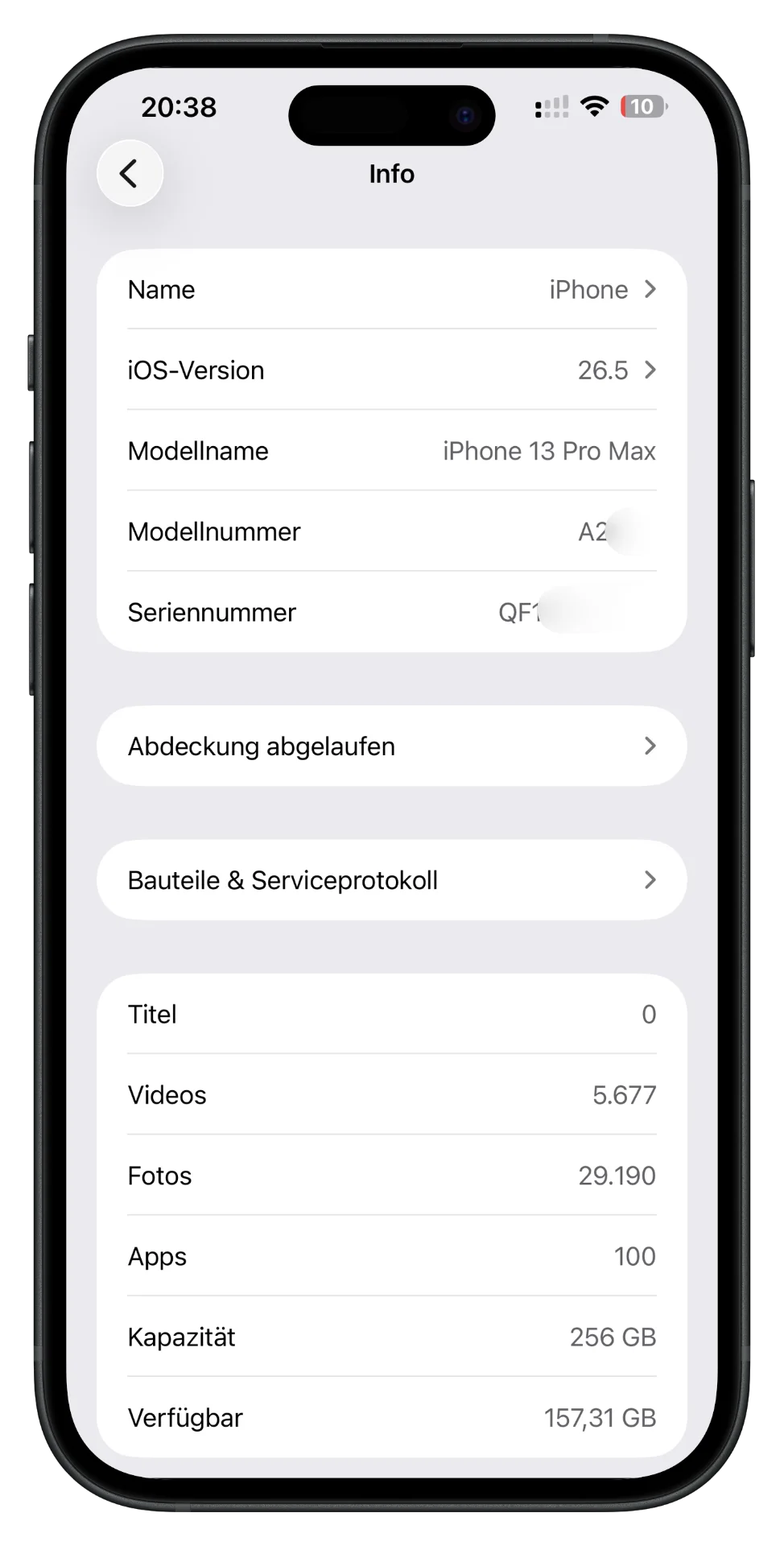 iPhone-Info mit Modellname, Modellnummer, Seriennummer und abgelaufener Apple-Abdeckung