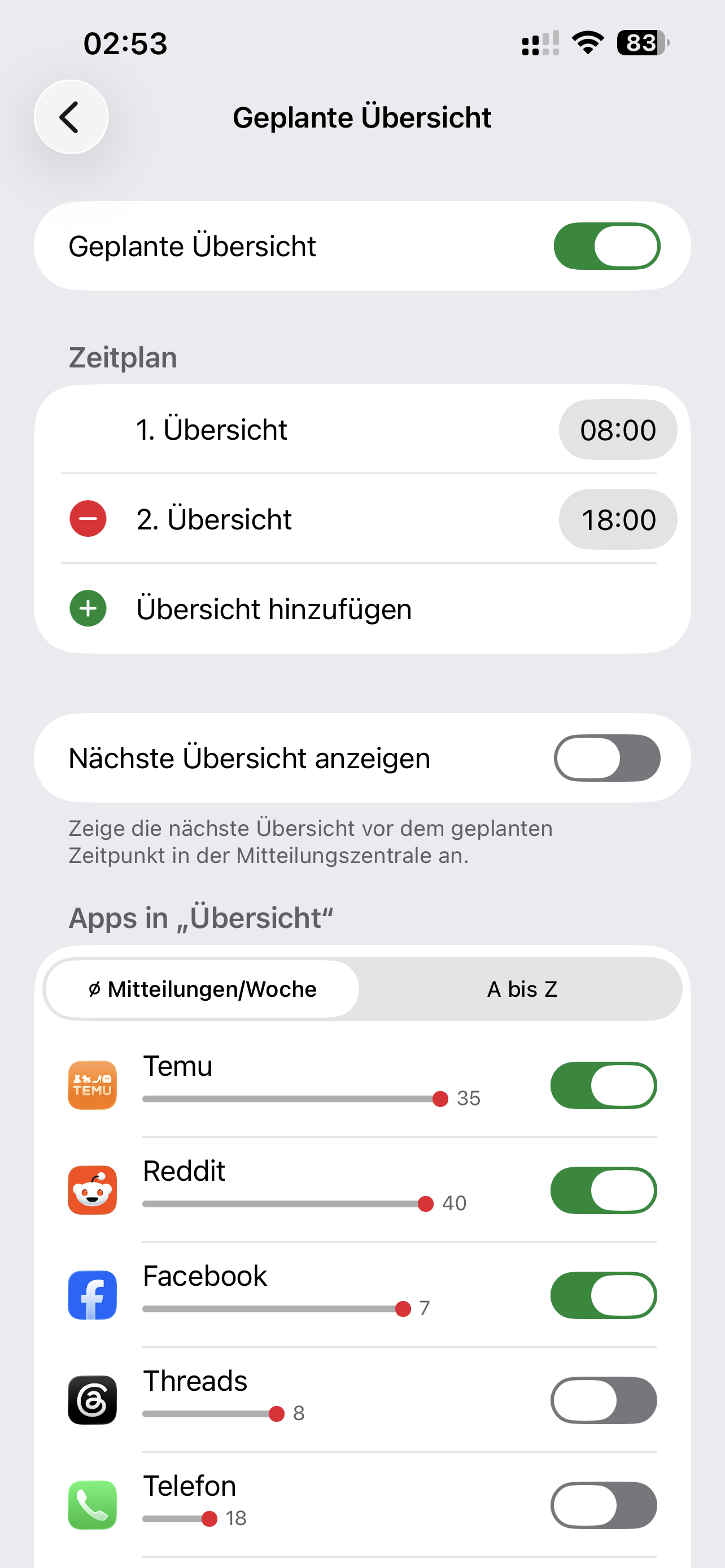 Geplante Mitteilungsübersicht auf dem iPhone