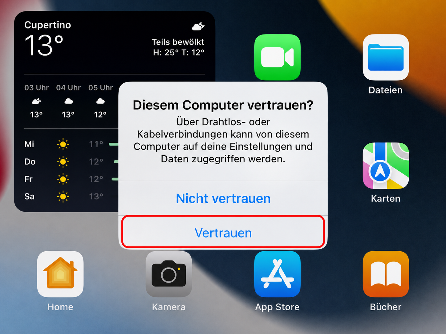 iPhone-Abfrage Diesem Computer vertrauen mit markiertem Vertrauen-Button
