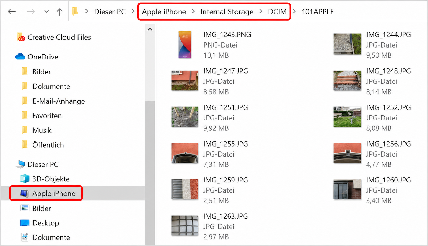Apple iPhone und DCIM-Ordner im Windows-Explorer