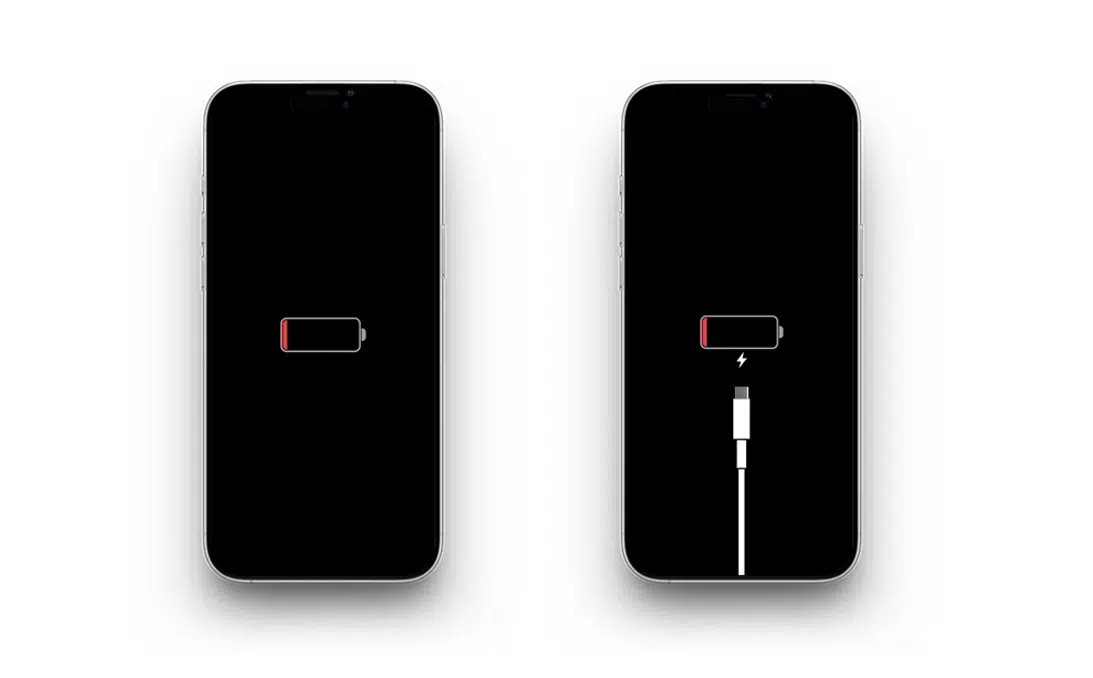 Zwei iPhones nebeneinander: links ein leeres rotes Batteriesymbol, rechts dasselbe Symbol mit Blitz und Ladekabel