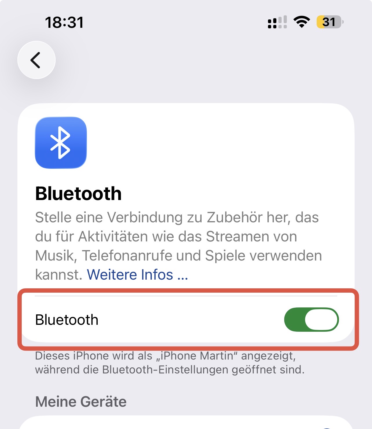 Bluetooth-Schalter in den iPhone-Einstellungen eingeschaltet