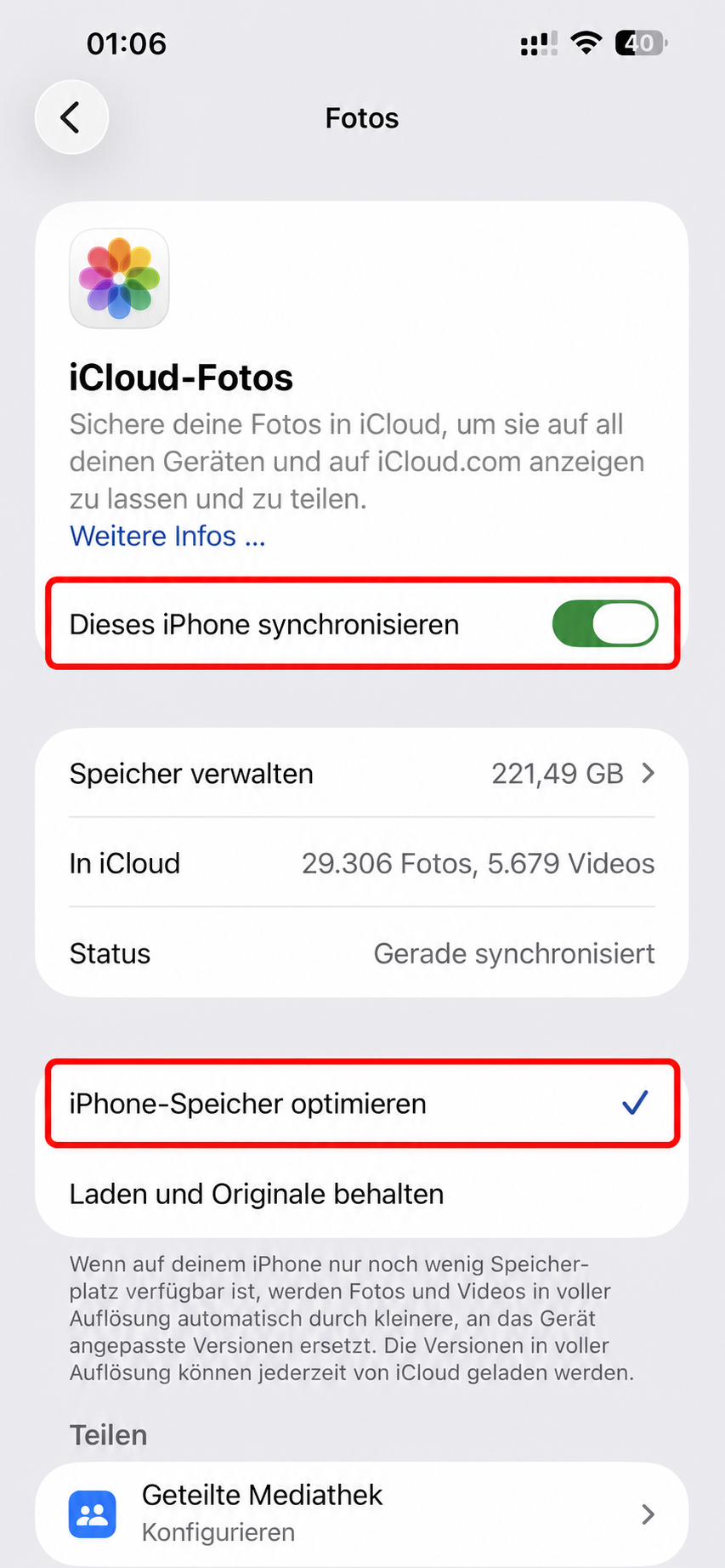 iCloud-Fotos und iPhone-Speicher optimieren in den iPhone-Einstellungen