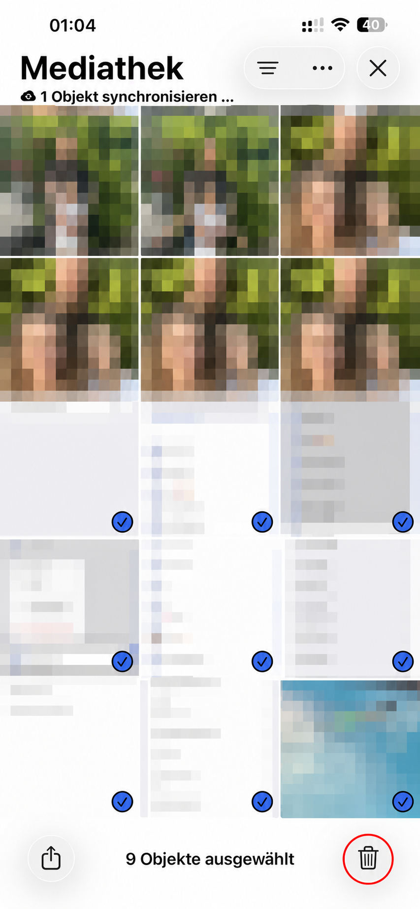 Mehrere anonymisierte iPhone-Fotos auswählen und über den Papierkorb löschen