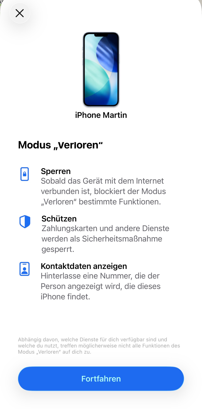 Bildschirm „Modus Verloren“ in der App „Wo ist?“ mit den Punkten Sperren, Schützen und Kontaktdaten anzeigen