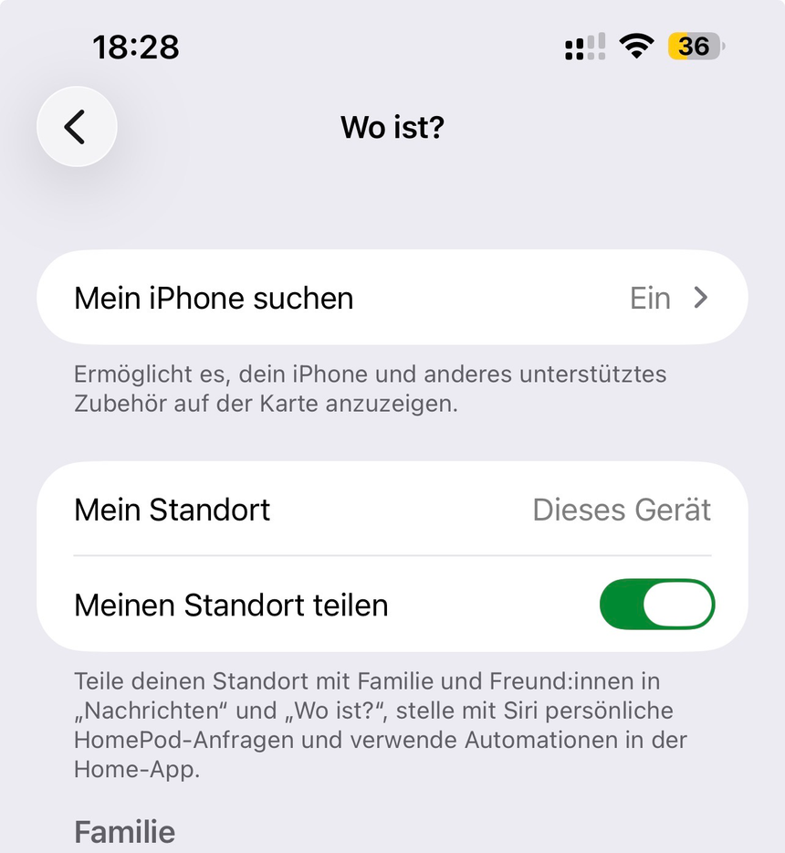 Einstellungen „Wo ist?“ mit aktiviertem Eintrag „Mein iPhone suchen“