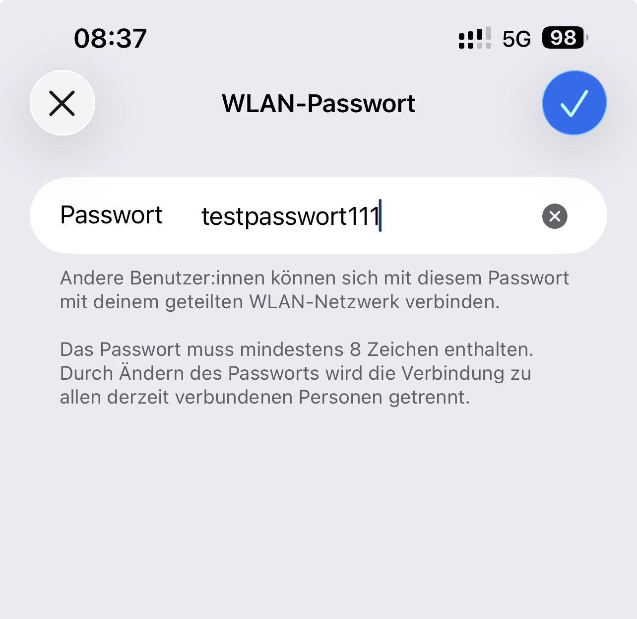 iPhone Hotspot Passwort prüfen und neu eingeben
