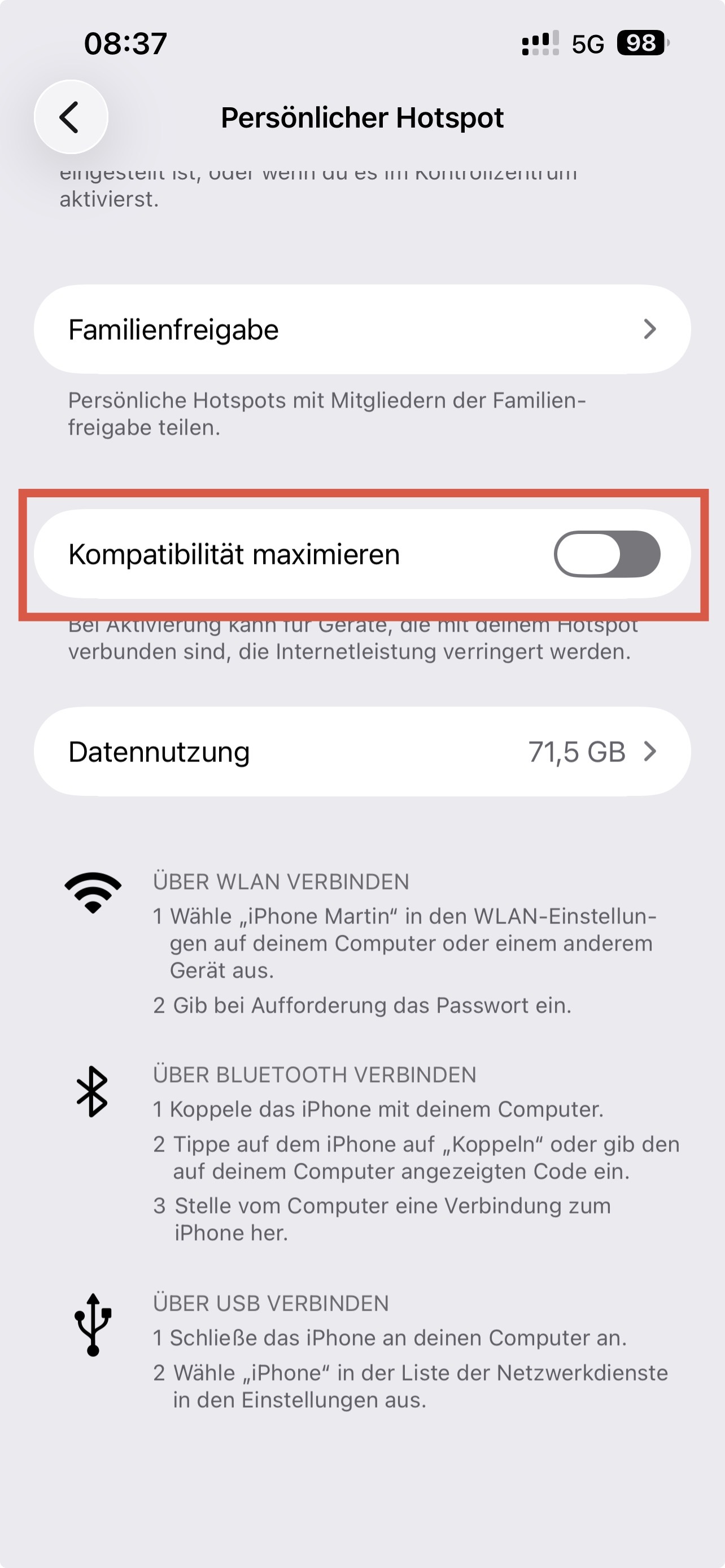 iPhone Hotspot Kompatibilität maximieren aktivieren