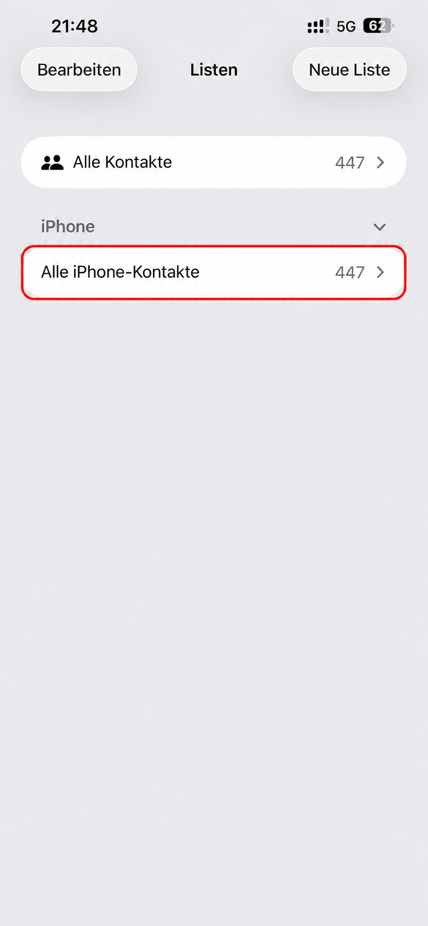 Kontaktlisten auf dem iPhone mit markierter Liste Alle iPhone-Kontakte