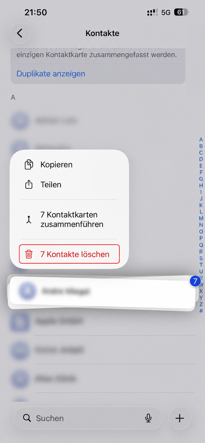 Menü zum Löschen mehrerer anonymisierter iPhone-Kontakte
